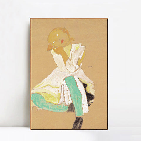 INVIN ART Framed Canvas Giclee Print Little Girl by Egon Schiele Wall Art Living Room Home Office Decorations