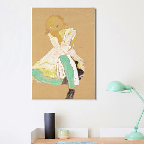 INVIN ART Framed Canvas Giclee Print Little Girl by Egon Schiele Wall Art Living Room Home Office Decorations