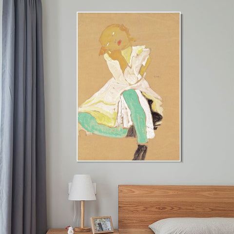 INVIN ART Framed Canvas Giclee Print Little Girl by Egon Schiele Wall Art Living Room Home Office Decorations