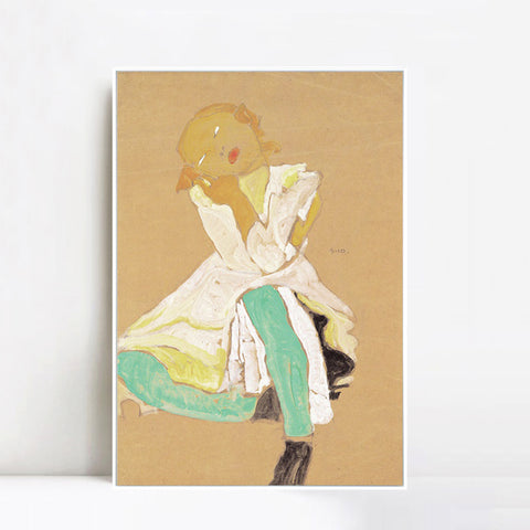 INVIN ART Framed Canvas Giclee Print Little Girl by Egon Schiele Wall Art Living Room Home Office Decorations