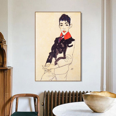 INVIN ART Framed Canvas Giclee Print Self Portrait by Egon Schiele Wall Art Living Room Home Office Decorations