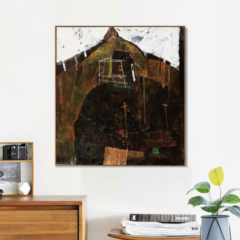 INVIN ART Framed Canvas Giclee Print House 2 by Egon Schiele Wall Art Living Room Home Office Decorations