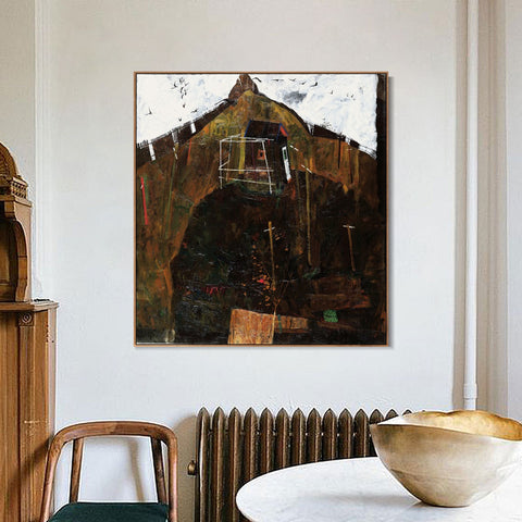 INVIN ART Framed Canvas Giclee Print House 2 by Egon Schiele Wall Art Living Room Home Office Decorations