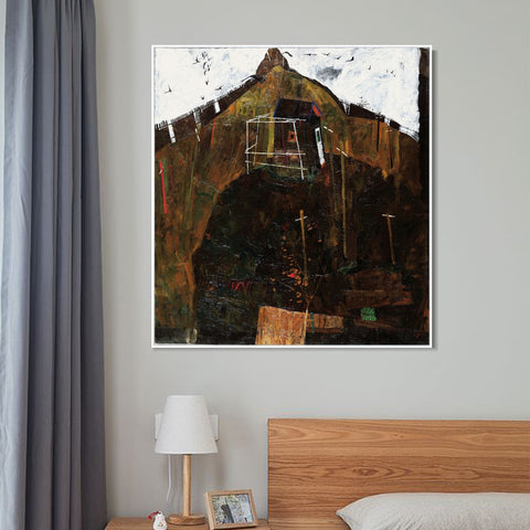 INVIN ART Framed Canvas Giclee Print House 2 by Egon Schiele Wall Art Living Room Home Office Decorations