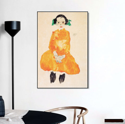 INVIN ART Framed Canvas Giclee Print Little Young Girl by Egon Schiele Wall Art Living Room Home Office Decorations