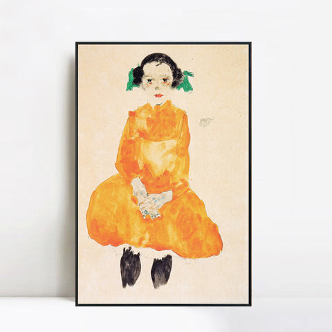 INVIN ART Framed Canvas Giclee Print Little Young Girl by Egon Schiele Wall Art Living Room Home Office Decorations