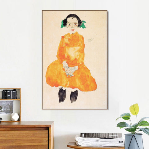 INVIN ART Framed Canvas Giclee Print Little Young Girl by Egon Schiele Wall Art Living Room Home Office Decorations