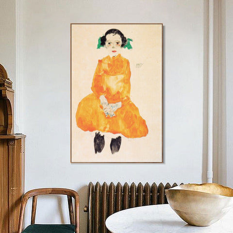 INVIN ART Framed Canvas Giclee Print Little Young Girl by Egon Schiele Wall Art Living Room Home Office Decorations