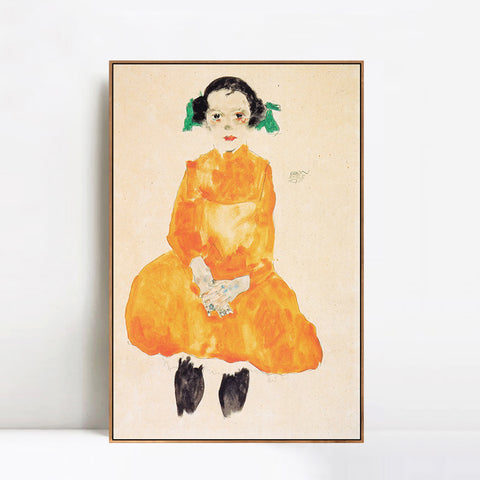 INVIN ART Framed Canvas Giclee Print Little Young Girl by Egon Schiele Wall Art Living Room Home Office Decorations