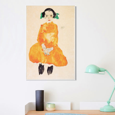 INVIN ART Framed Canvas Giclee Print Little Young Girl by Egon Schiele Wall Art Living Room Home Office Decorations