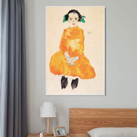 INVIN ART Framed Canvas Giclee Print Little Young Girl by Egon Schiele Wall Art Living Room Home Office Decorations