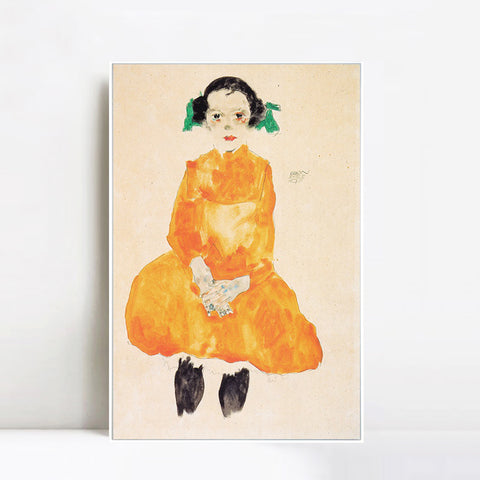 INVIN ART Framed Canvas Giclee Print Little Young Girl by Egon Schiele Wall Art Living Room Home Office Decorations
