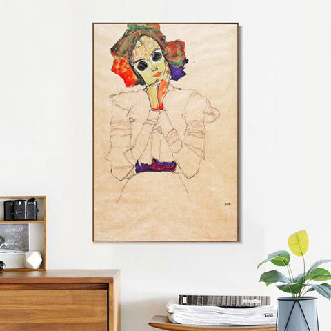 INVIN ART Framed Canvas Giclee Print Lady With Black Glasses by Egon Schiele Wall Art Living Room Home Office Decorations