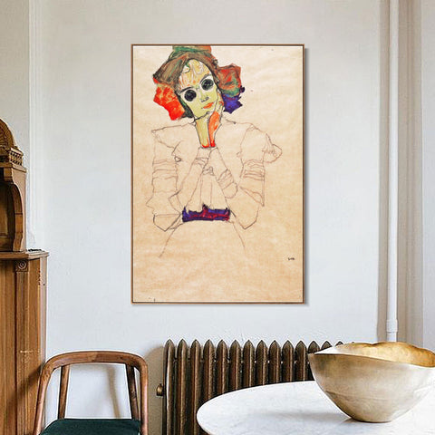 INVIN ART Framed Canvas Giclee Print Lady With Black Glasses by Egon Schiele Wall Art Living Room Home Office Decorations