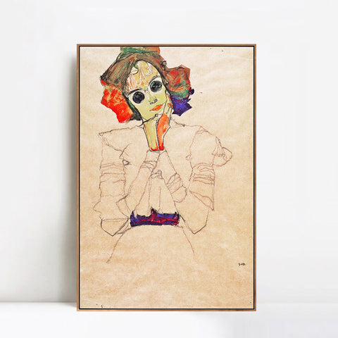 INVIN ART Framed Canvas Giclee Print Lady With Black Glasses by Egon Schiele Wall Art Living Room Home Office Decorations