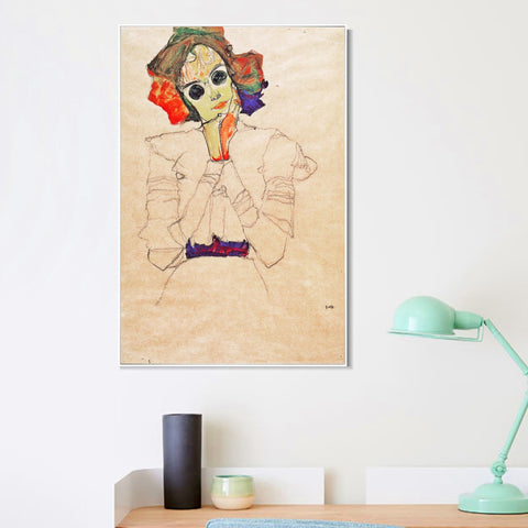 INVIN ART Framed Canvas Giclee Print Lady With Black Glasses by Egon Schiele Wall Art Living Room Home Office Decorations