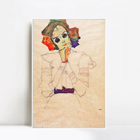INVIN ART Framed Canvas Giclee Print Lady With Black Glasses by Egon Schiele Wall Art Living Room Home Office Decorations