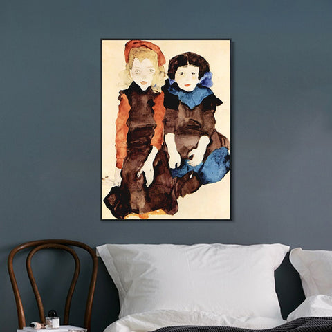 INVIN ART Framed Canvas Giclee Print Two Little Girls by Egon Schiele Wall Art Living Room Home Office Decorations