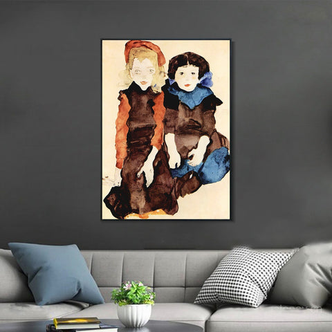INVIN ART Framed Canvas Giclee Print Two Little Girls by Egon Schiele Wall Art Living Room Home Office Decorations