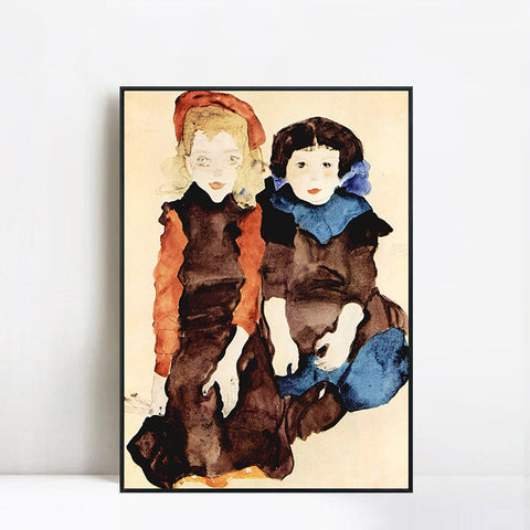 INVIN ART Framed Canvas Giclee Print Two Little Girls by Egon Schiele Wall Art Living Room Home Office Decorations