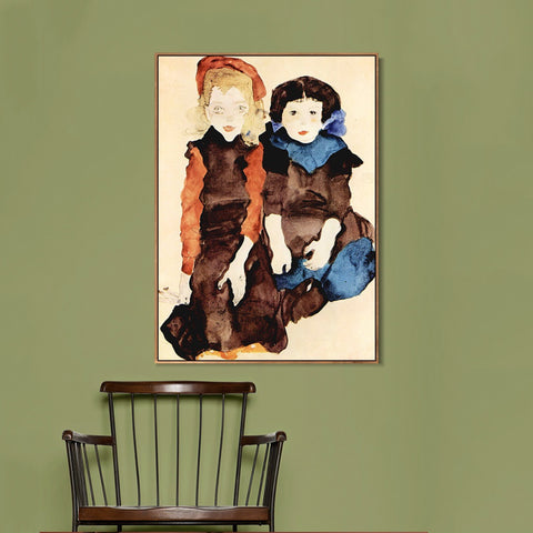 INVIN ART Framed Canvas Giclee Print Two Little Girls by Egon Schiele Wall Art Living Room Home Office Decorations
