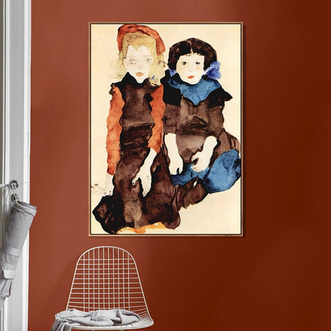 INVIN ART Framed Canvas Giclee Print Two Little Girls by Egon Schiele Wall Art Living Room Home Office Decorations