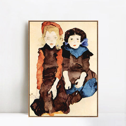INVIN ART Framed Canvas Giclee Print Two Little Girls by Egon Schiele Wall Art Living Room Home Office Decorations
