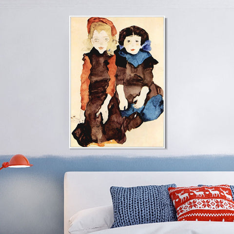 INVIN ART Framed Canvas Giclee Print Two Little Girls by Egon Schiele Wall Art Living Room Home Office Decorations