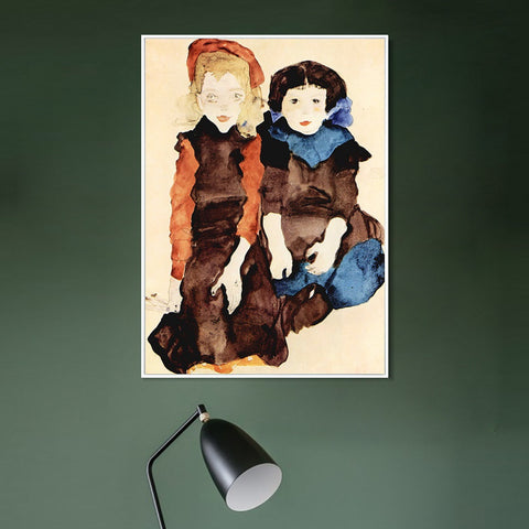 INVIN ART Framed Canvas Giclee Print Two Little Girls by Egon Schiele Wall Art Living Room Home Office Decorations