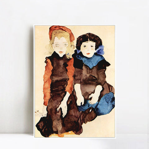 INVIN ART Framed Canvas Giclee Print Two Little Girls by Egon Schiele Wall Art Living Room Home Office Decorations