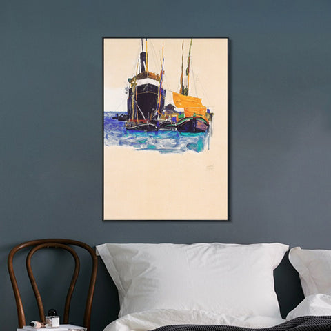 INVIN ART Framed Canvas Giclee Print steamers and sailing boats in the port of Trieste 1912 by Egon Schiele Wall Art Living Room Home Office Decorations