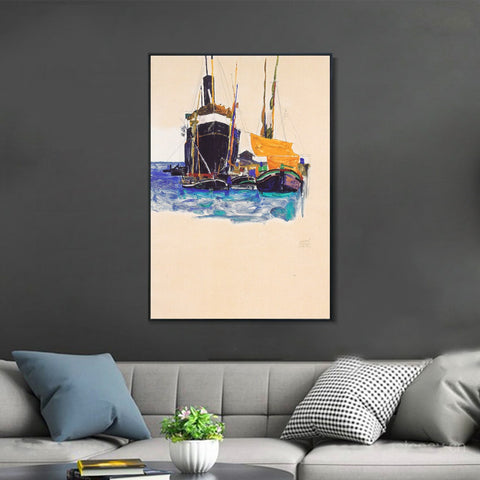 INVIN ART Framed Canvas Giclee Print steamers and sailing boats in the port of Trieste 1912 by Egon Schiele Wall Art Living Room Home Office Decorations