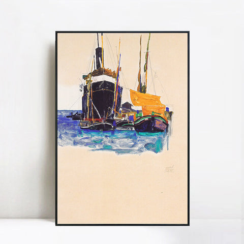 INVIN ART Framed Canvas Giclee Print steamers and sailing boats in the port of Trieste 1912 by Egon Schiele Wall Art Living Room Home Office Decorations
