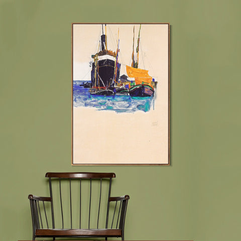 INVIN ART Framed Canvas Giclee Print steamers and sailing boats in the port of Trieste 1912 by Egon Schiele Wall Art Living Room Home Office Decorations