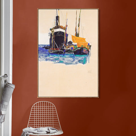 INVIN ART Framed Canvas Giclee Print steamers and sailing boats in the port of Trieste 1912 by Egon Schiele Wall Art Living Room Home Office Decorations