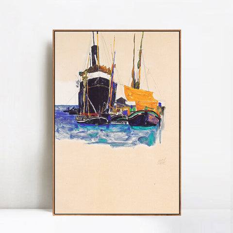 INVIN ART Framed Canvas Giclee Print steamers and sailing boats in the port of Trieste 1912 by Egon Schiele Wall Art Living Room Home Office Decorations