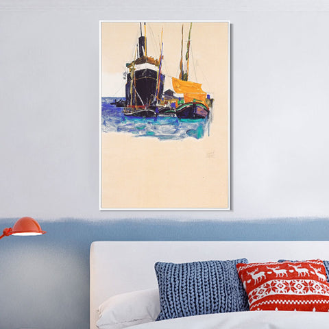 INVIN ART Framed Canvas Giclee Print steamers and sailing boats in the port of Trieste 1912 by Egon Schiele Wall Art Living Room Home Office Decorations