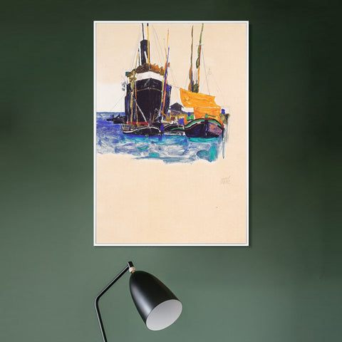 INVIN ART Framed Canvas Giclee Print steamers and sailing boats in the port of Trieste 1912 by Egon Schiele Wall Art Living Room Home Office Decorations