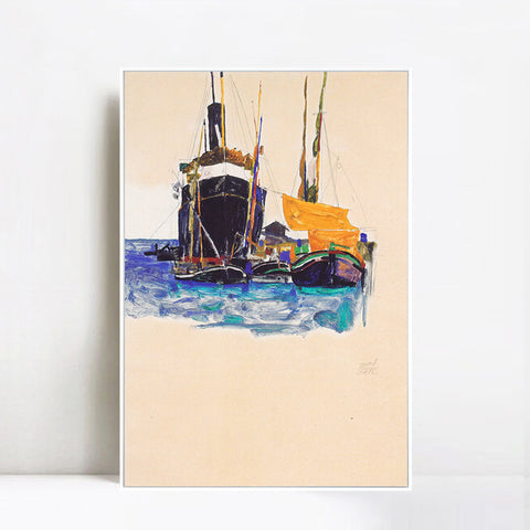 INVIN ART Framed Canvas Giclee Print steamers and sailing boats in the port of Trieste 1912 by Egon Schiele Wall Art Living Room Home Office Decorations