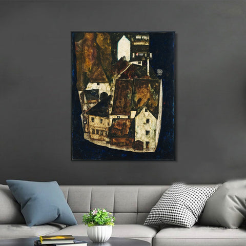 INVIN ART Framed Canvas Giclee Print The House by Egon Schiele Wall Art Living Room Home Office Decorations