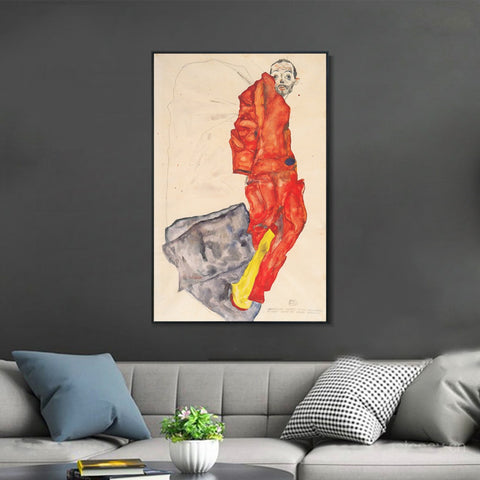 INVIN ART Framed Canvas Giclee Print Man in Red by Egon Schiele Wall Art Living Room Home Office Decorations