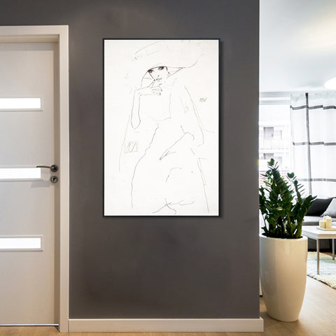 INVIN ART Framed Canvas Giclee Print Woman with hat by Egon Schiele Wall Art Living Room Home Office Decorations