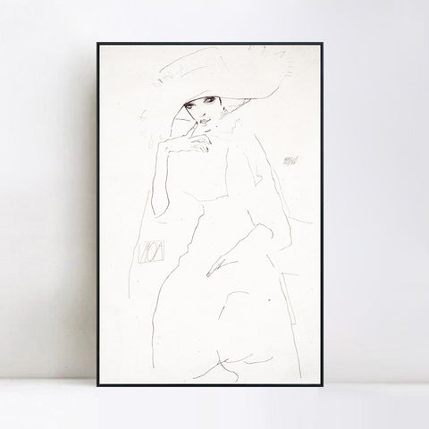 INVIN ART Framed Canvas Giclee Print Woman with hat by Egon Schiele Wall Art Living Room Home Office Decorations