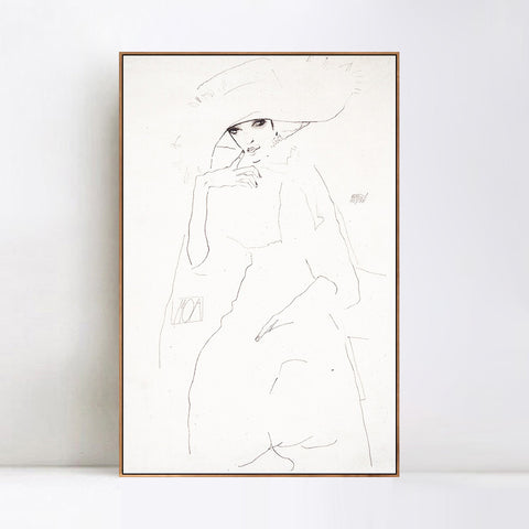 INVIN ART Framed Canvas Giclee Print Woman with hat by Egon Schiele Wall Art Living Room Home Office Decorations