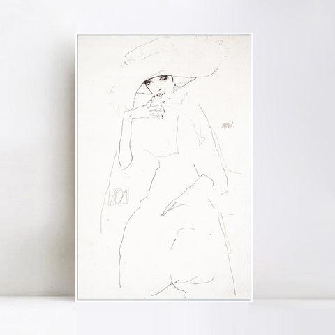 INVIN ART Framed Canvas Giclee Print Woman with hat by Egon Schiele Wall Art Living Room Home Office Decorations