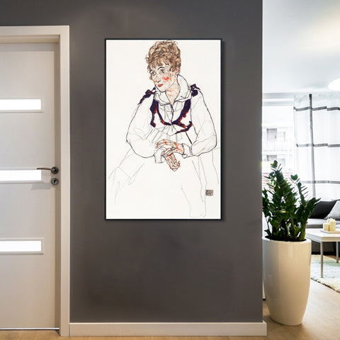 INVIN ART Framed Canvas Giclee Print Woman in white dress by Egon Schiele Wall Art Living Room Home Office Decorations