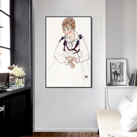 INVIN ART Framed Canvas Giclee Print Woman in white dress by Egon Schiele Wall Art Living Room Home Office Decorations