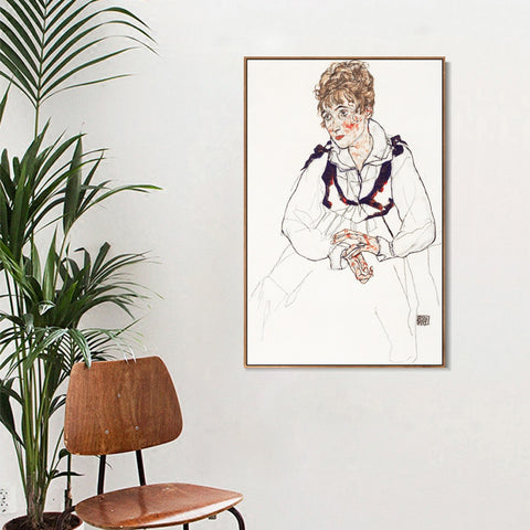 INVIN ART Framed Canvas Giclee Print Woman in white dress by Egon Schiele Wall Art Living Room Home Office Decorations