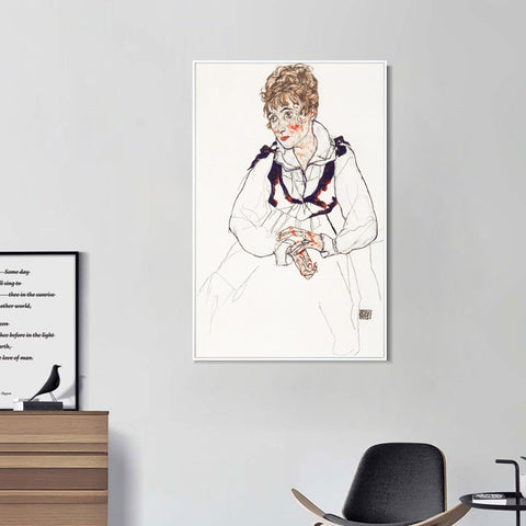 INVIN ART Framed Canvas Giclee Print Woman in white dress by Egon Schiele Wall Art Living Room Home Office Decorations