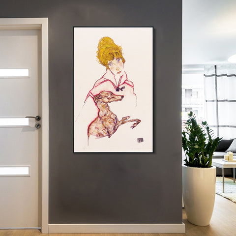 INVIN ART Framed Canvas Giclee Print Woman with Greyhound by Egon Schiele Wall Art Living Room Home Office Decorations